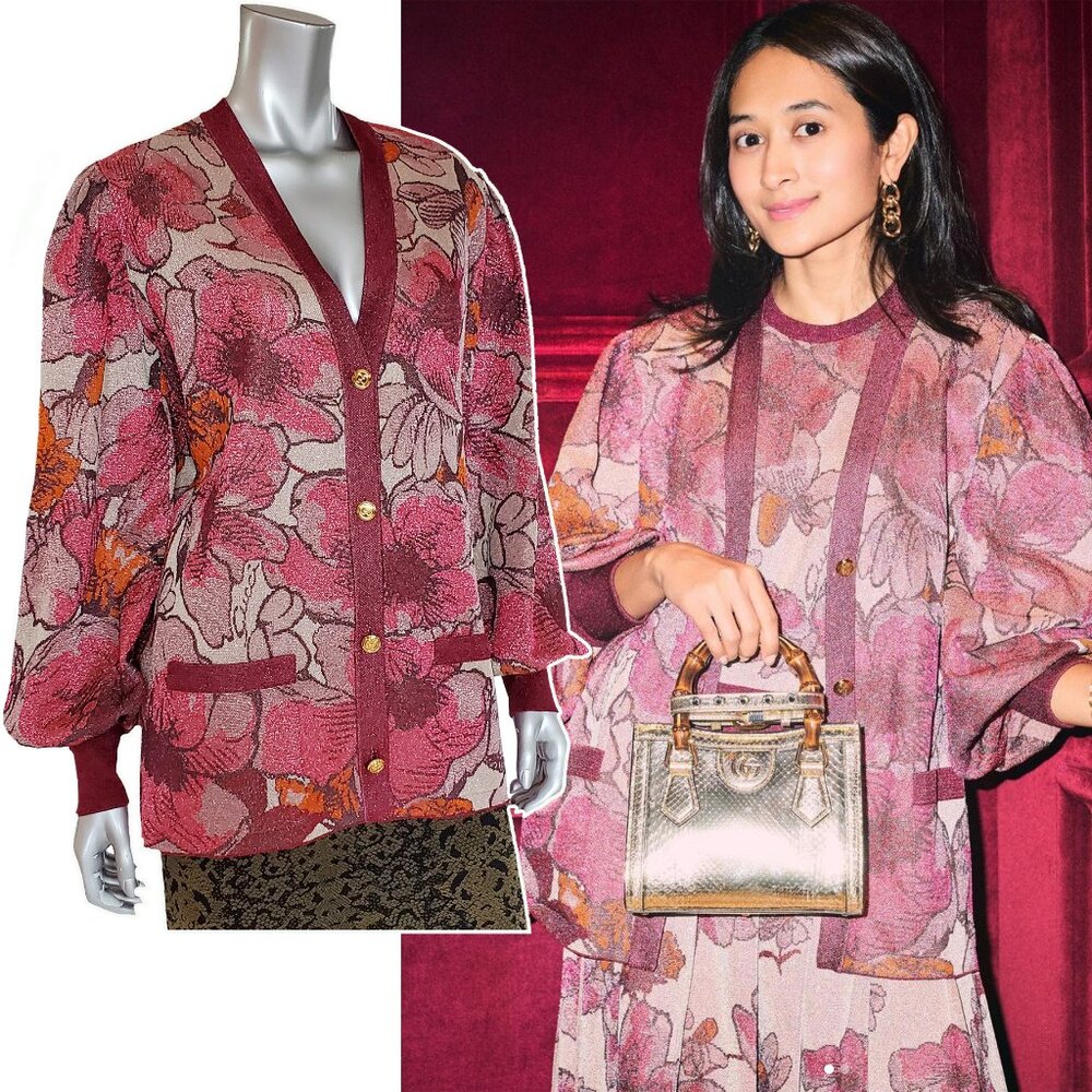 GUCCI SWEATER NOJUM LUREX FLORAL CARDIGAN VOLUMINOUS SLEEVES sz L LARGE
